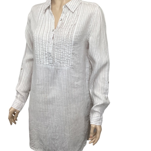 Artisan NY 100% Linen tunic top size small Long sleeve pintuck striped tan white - Picture 3 of 9